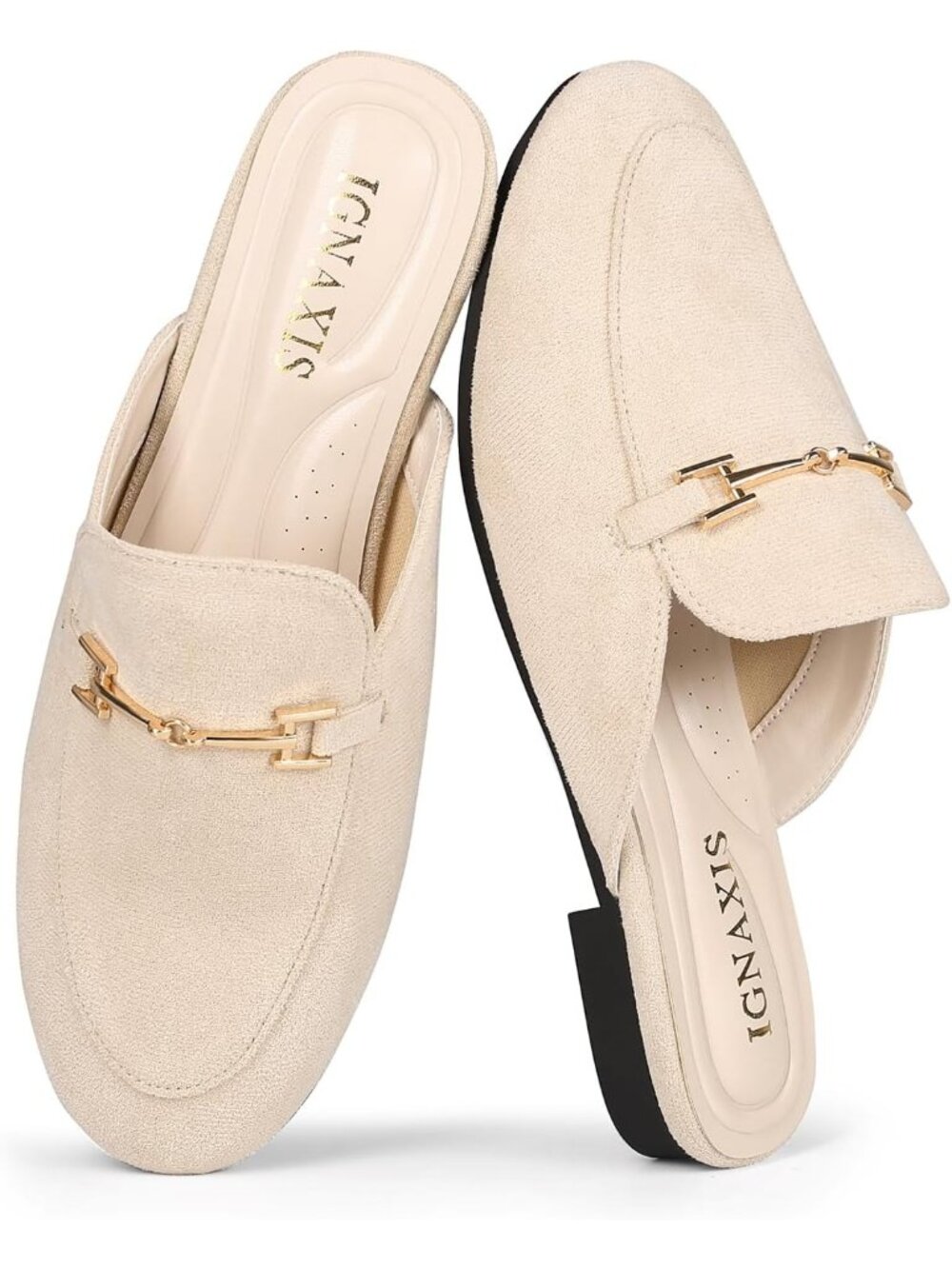 Women's Apricot Sued Leather Flat Round Toe Mules Buckle Slip on Backless Loafer
